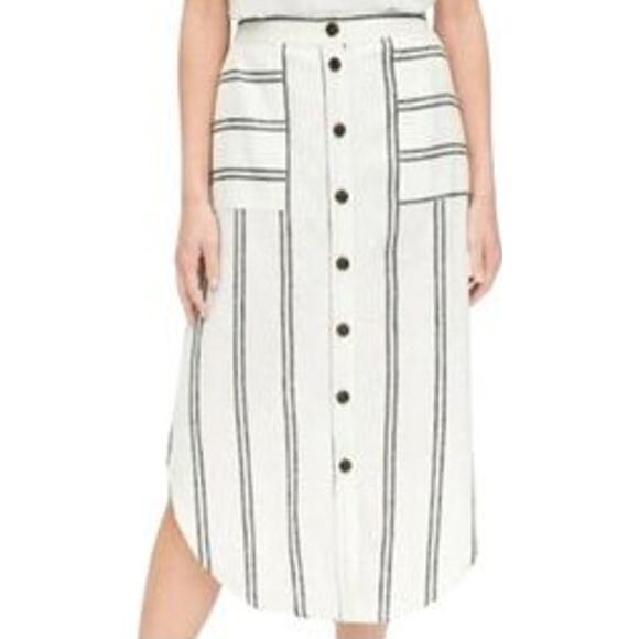Gap Linen Midi Skirt Striped Button Front Pocket High Waist White Black 2 NWT - Picture 1 of 8